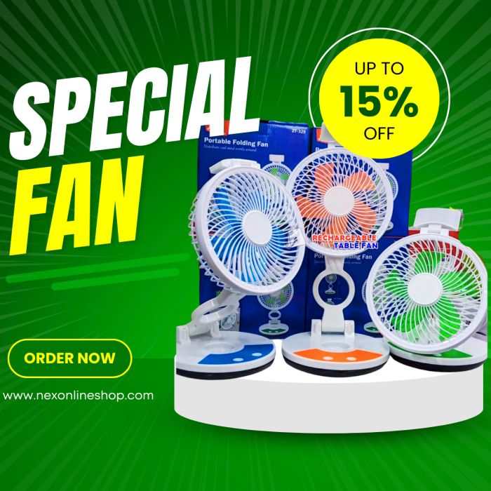 Portable folding fan (ZT-329) রিচার্জ্যাবল ফোল্ডিং টেবিল ফ্যান উইথ লাইট