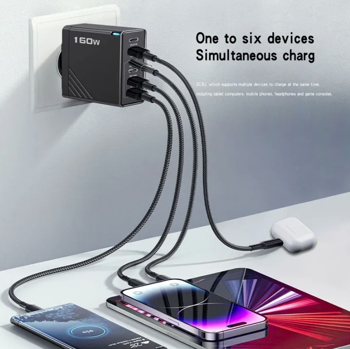 160W 6-in-1 Multi-Port Fast Charger Power Adapter